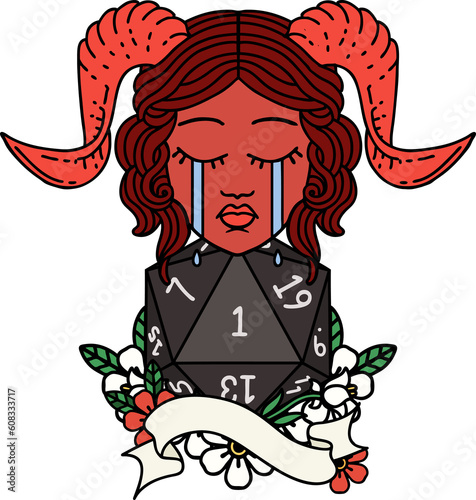 Retro Tattoo Style crying tiefling with natural one D20 roll