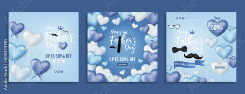 Happy father's day business marketing social media post banner template. Parents day celebration flyer or invitation card. Fathers day sale promotion poster cover with love or heart balloon & mustache