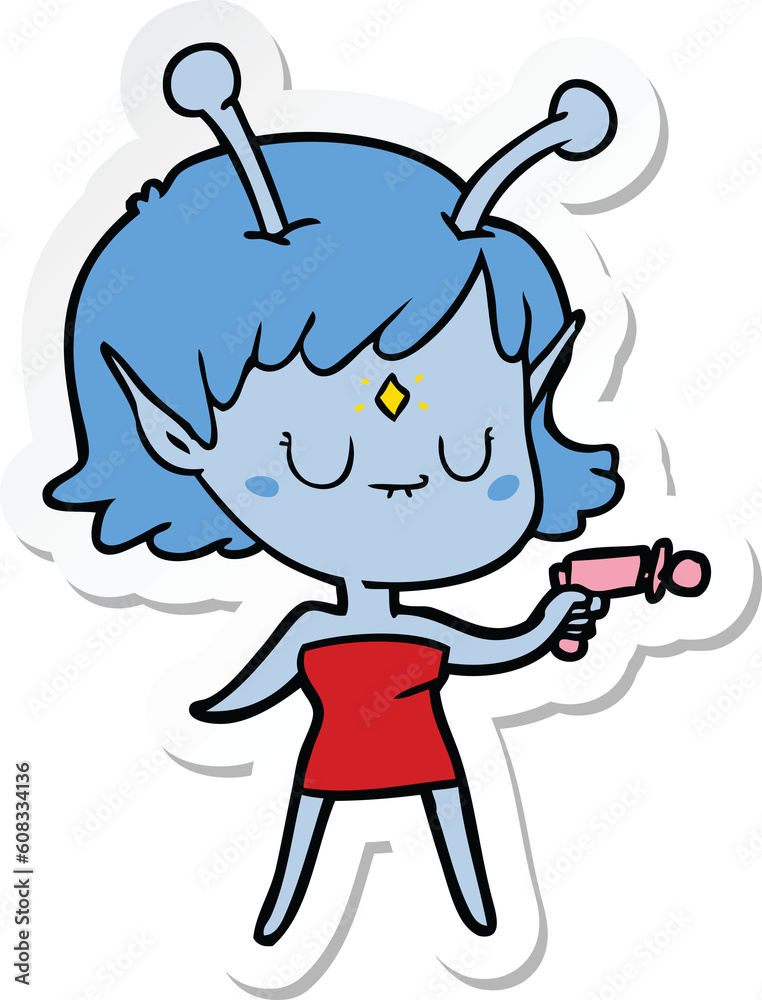 sticker of a cartoon alien girl with ray gun sticker of a cartoon alien girl with ray gun