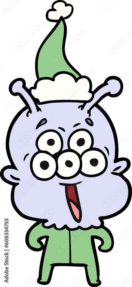 happy hand drawn line drawing of a alien wearing santa hat happy hand drawn line drawing of a alien wearing santa hat