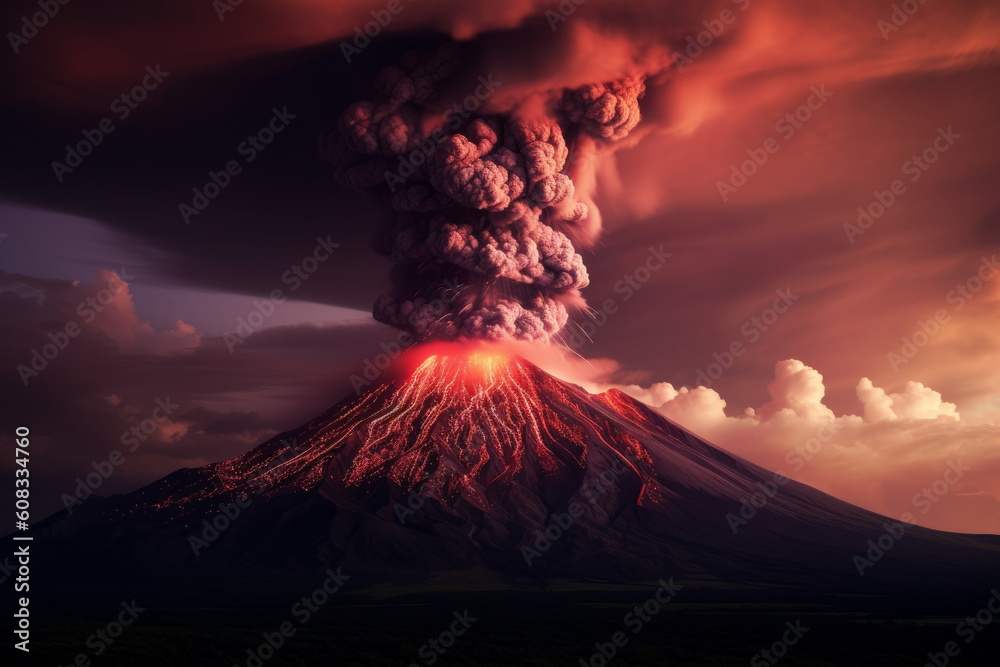 Volcano eruption with smoke and burning lava, created with Generative AI Technology