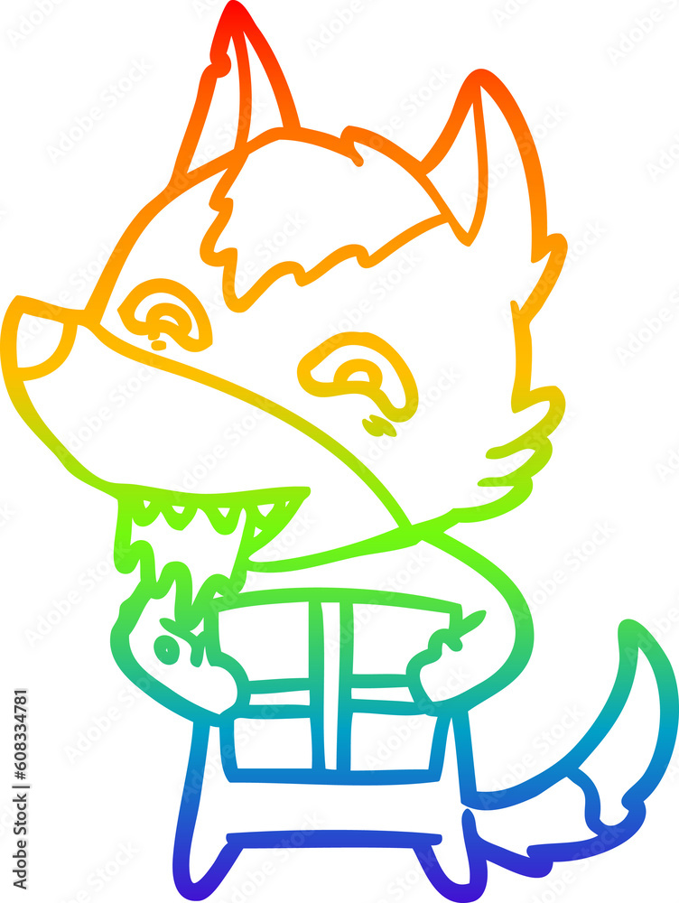 rainbow gradient line drawing of a cartoon hungry wolf holding christmas present rainbow gradient line drawing of a cartoon hungry wolf holding christmas present