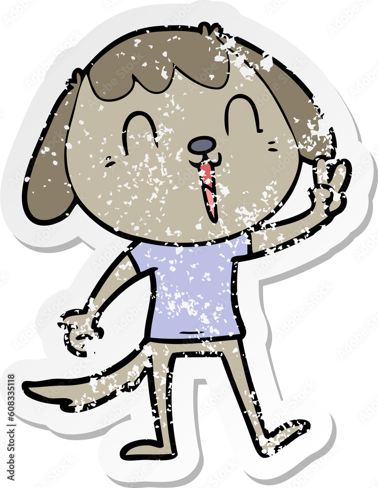 distressed sticker of a happy cartoon dog giving peace sign distressed sticker of a happy cartoon dog giving peace sign