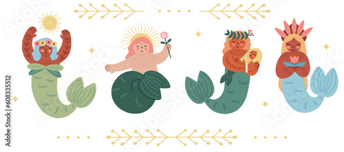 Hand drawn set with four cute diverse mermaids with folk symbols, isolated vector illustration in flat style