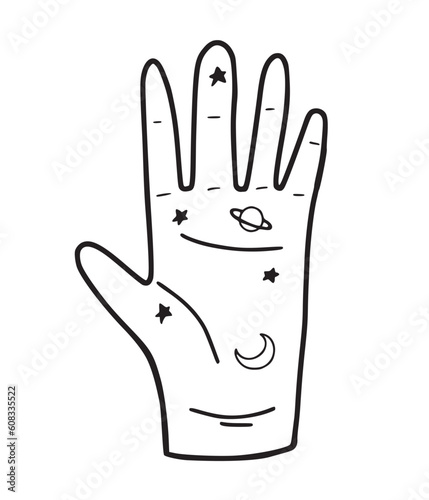 Hand drawn human palm with planets and crescent moon, predicting future lines, isolated line vector illustration with white background