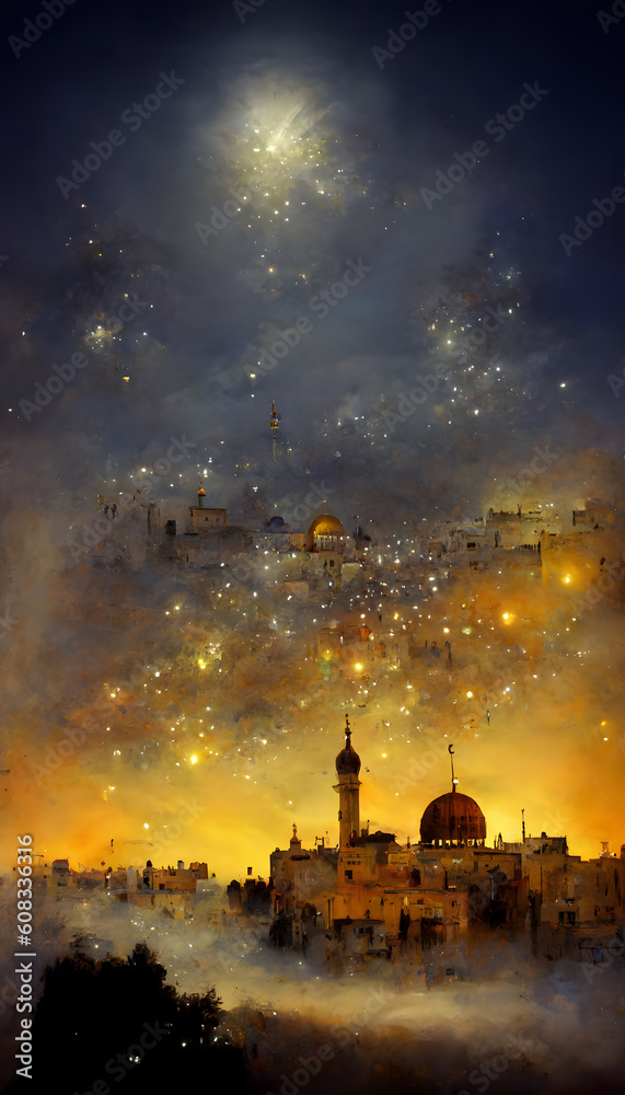 Jerusalem at night magical scene illustration
