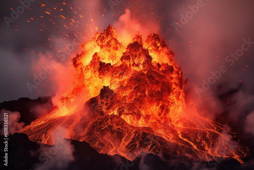 Volcano eruption with smoke and burning lava, created with Generative AI Technology