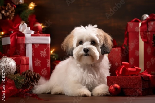 Illustration of a cute white dog sitting next to wrapped presents created with Generative AI technology © AI Visual Vault
