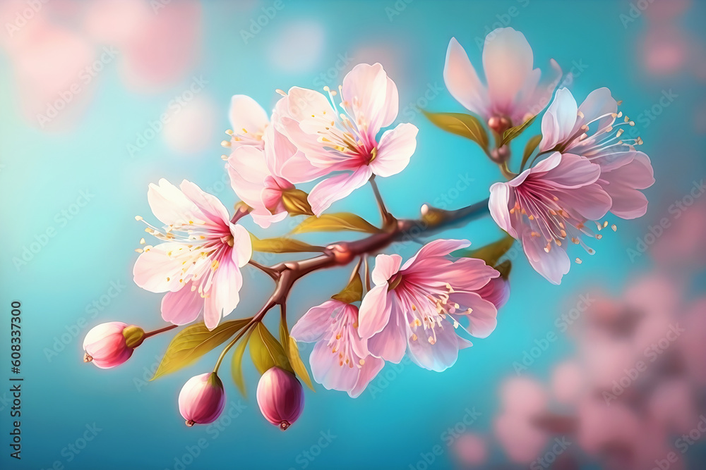 Close-up illustration of pink beautiful sakura on blue background. Spring and summer, love and romance. Generative AI Close-up illustration of pink beautiful sakura on blue background. Spring and summer, love and romance. Generative AI