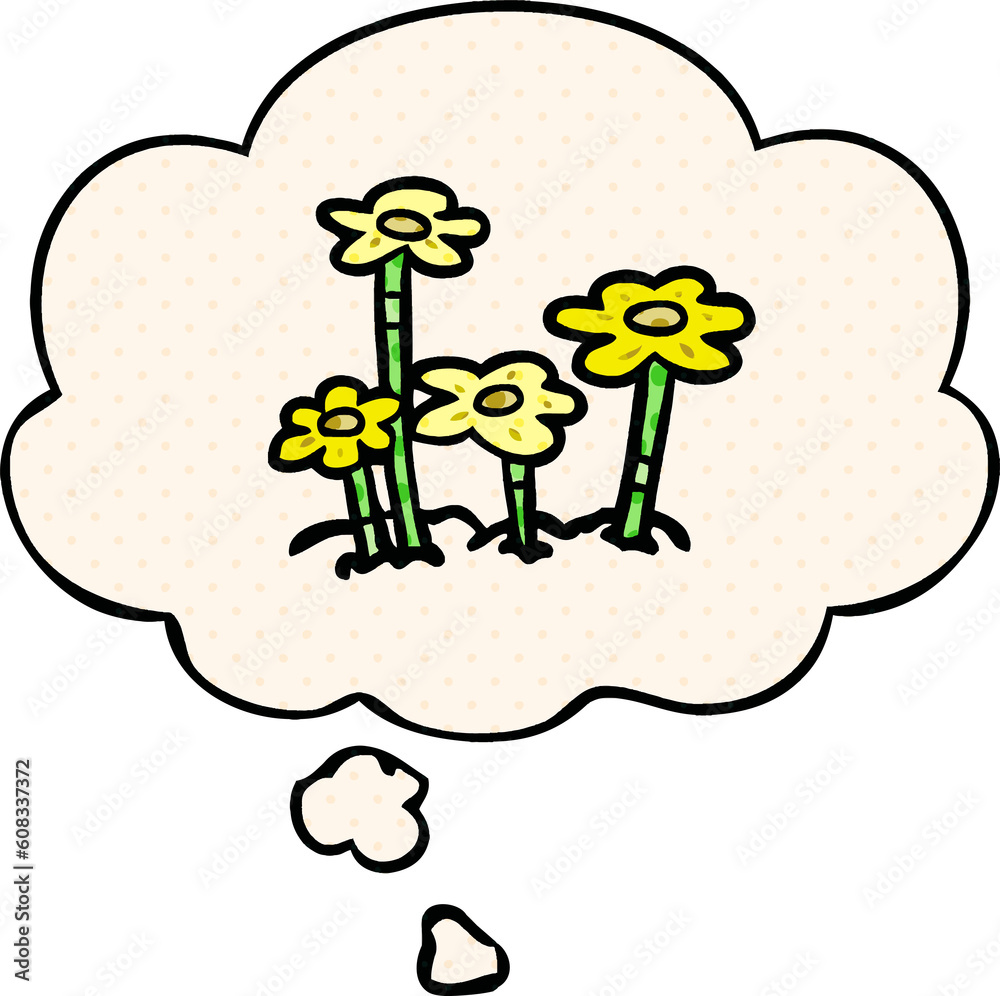 Obraz premium cartoon flowers with thought bubble in comic book style