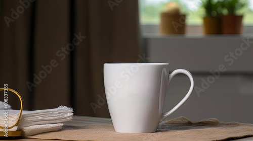 Plain white mug mockup placed on the table, Generative AI