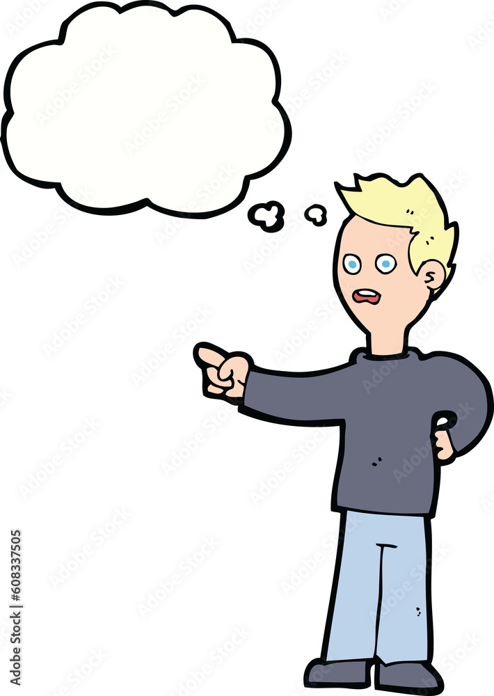 cartoon shocked boy pointing with thought bubble cartoon shocked boy pointing with thought bubble