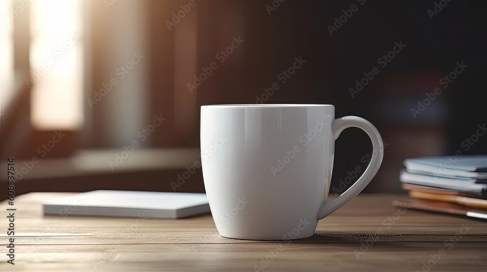 Obraz premium White Coffee cup mockup on a wooden table, Generative AI