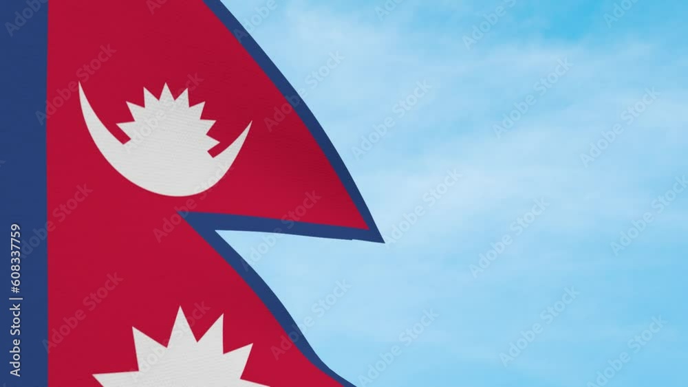Nepal Flag Waving In Blue Sky Side View Nepal Flag Waving In Blue Sky Side View