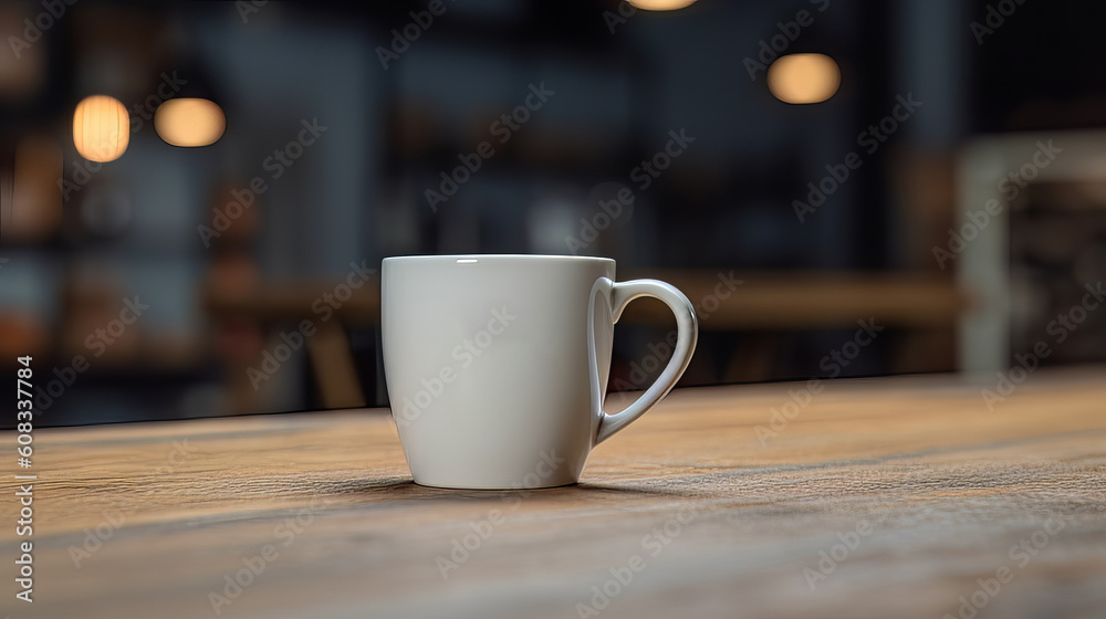 White cup mockup placed on the wooden table, bokeh in the background, Generative AI White cup mockup placed on the wooden table, bokeh in the background, Generative AI