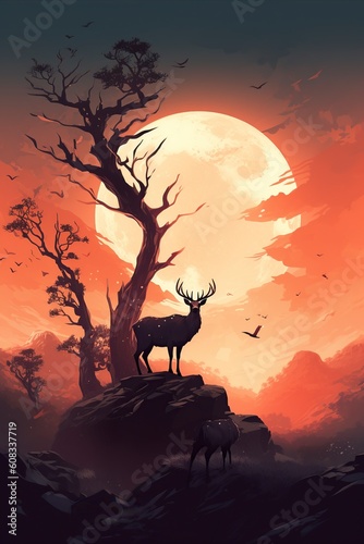 illustration  the deer standing on a giant branch  ai generative