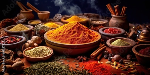Fototapeta Naklejka Na Ścianę i Meble -  AI Generated. AI Generative. Set of different indian spices for meny food tasty. Graphic Art