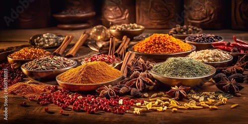 Fototapeta Naklejka Na Ścianę i Meble -  AI Generated. AI Generative. Set of different indian spices for meny food tasty. Graphic Art
