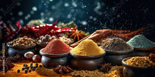Fototapeta Naklejka Na Ścianę i Meble -  AI Generated. AI Generative. Set of different indian spices for meny food tasty. Graphic Art