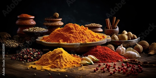 Fototapeta Naklejka Na Ścianę i Meble -  AI Generated. AI Generative. Set of different indian spices for meny food tasty. Graphic Art