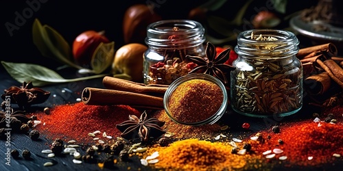 Fototapeta Naklejka Na Ścianę i Meble -  AI Generated. AI Generative. Set of different indian spices for meny food tasty. Graphic Art