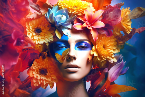 Surreal abstract woman portrait with flowers over head. Bright summer colors. Concept of environmental friendliness and naturalness of cosmetic products. Generative Ai content