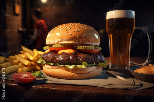 Burger, french fries and beer. AI generative.