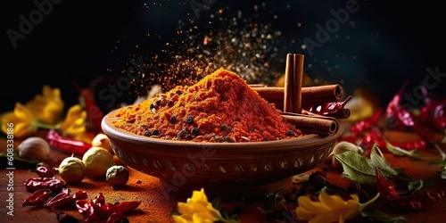 Fototapeta Naklejka Na Ścianę i Meble -  AI Generated. AI Generative. Set of different indian spices for meny food tasty. Graphic Art