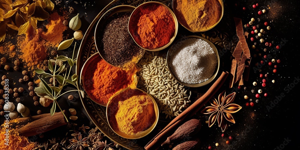 AI Generated. AI Generative. Set of different indian spices for meny food tasty. Graphic Art