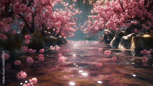 Japanische Landschaft mit vielen Kirschblütenblätter in rosa und Wasser Spiegelung, ai generativ © www.freund-foto.de