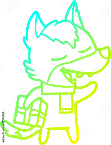 cold gradient line drawing of a cartoon wolf with christmas present laughing