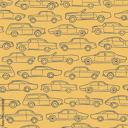 Vector old cars sketches yellow seamless pattern