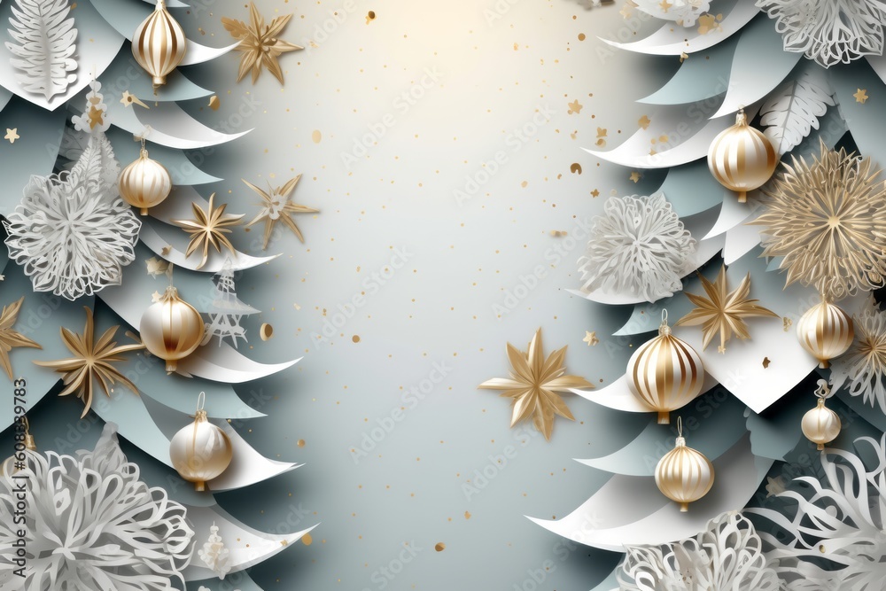 Paper art of luxurious Christmas tree layered background adorned with gold and silver ornaments, creating an elegant and sophisticated holiday ambiance. Generative AI Paper art of luxurious Christmas tree layered background adorned with gold and silver ornaments, creating an elegant and sophisticated holiday ambiance. Generative AI