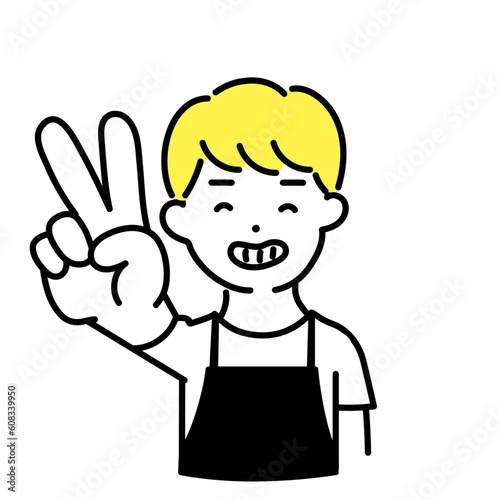 かわいい人物のイラストシリーズ _ 男性の店員_ ピースサイン