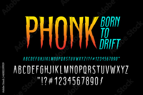 Phonk - Dark Lettering type font for tee print design. Y2k Trendy type font concept with Born To Drift print design. Scary Phonk Type Font template for drifting t-shirt print design