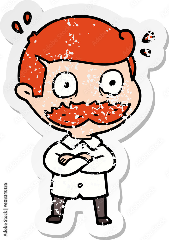 distressed sticker of a cartoon man with mustache shocked