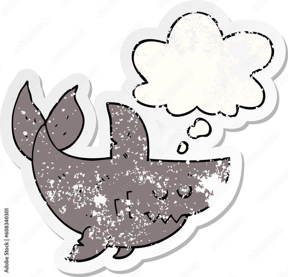 Fototapeta premium cartoon shark with thought bubble as a distressed worn sticker