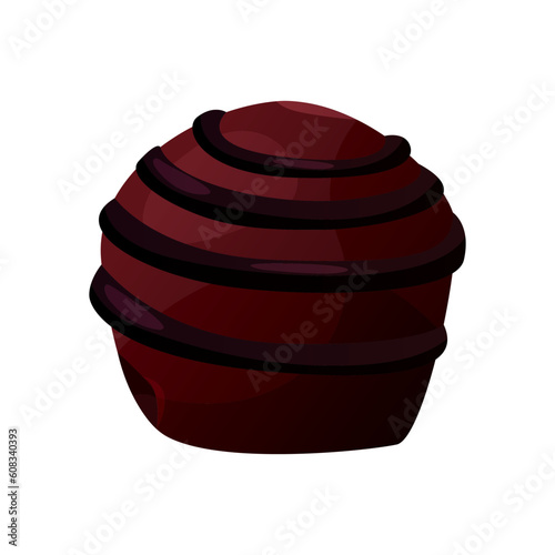 Dark, brown circle chocolate candy. Assorted sweets with praline, cocoa topping, dark bitter. Candies bonbon in different shapes. Milk sweet dessert, cooking ingredient. Vector for confectionery shop.