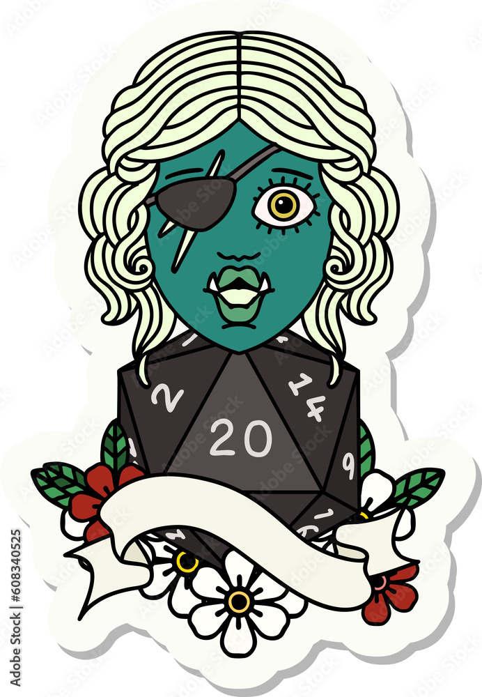 sticker of a half orc rogue with natural twenty dice roll sticker of a half orc rogue with natural twenty dice roll