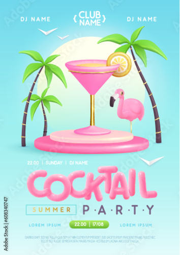 Summer cocktail disco party poster with 3D plastic cosmopolitan cocktail, palm trees and flamingo. Vector illustration