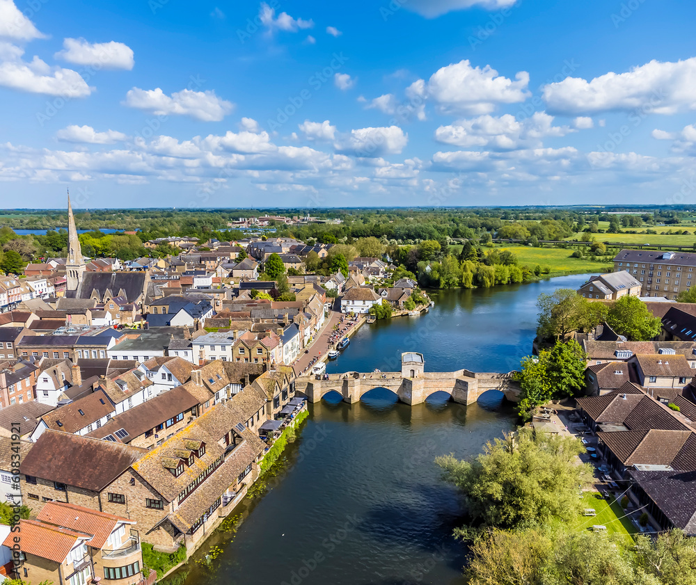 An aerial view above the River Great Ouse at St Ives, Cambridgeshire in summertime