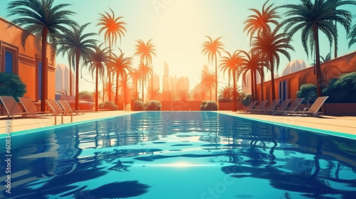 Beautiful swimming pool and palm trees in egypt. Generative Ai