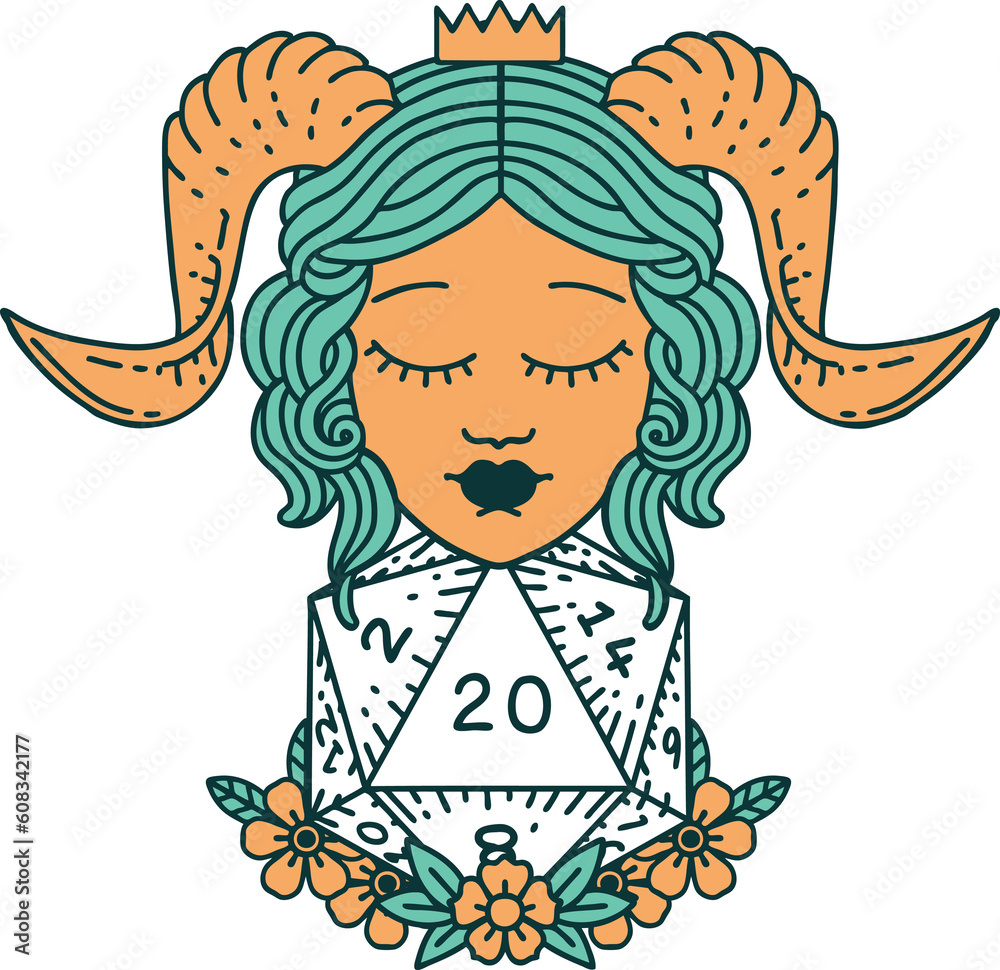 Retro Tattoo Style tiefling with natural twenty d20 dice roll Retro Tattoo Style tiefling with natural twenty d20 dice roll