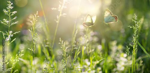 summer forest glade with flowering grass and butterflies on a sunny day  © Konstiantyn