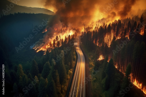 Forest fire near the edge of the highway, created with Generative AI Technology