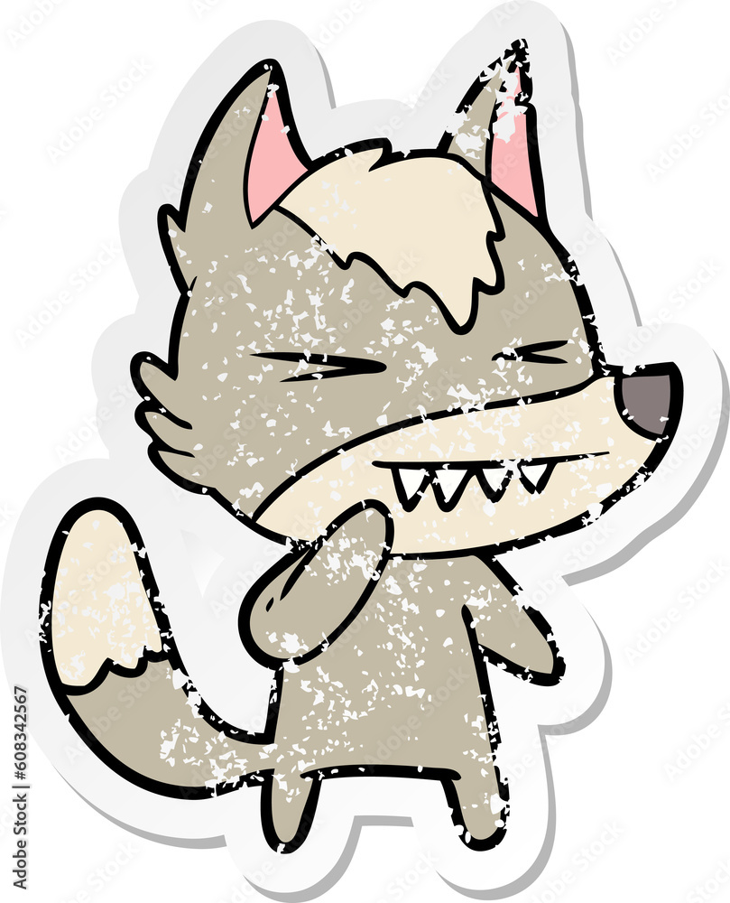 distressed sticker of a angry wolf cartoon distressed sticker of a angry wolf cartoon