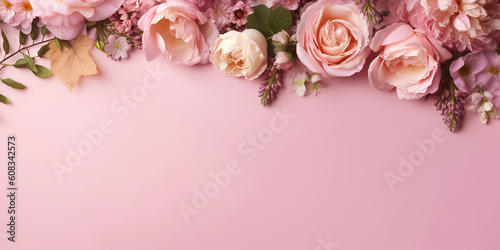 Rosa Blumen dekoriert mit rosa Untergrund zum Muttertag und Valentin mit Platzhalter, ai genrativ © www.freund-foto.de