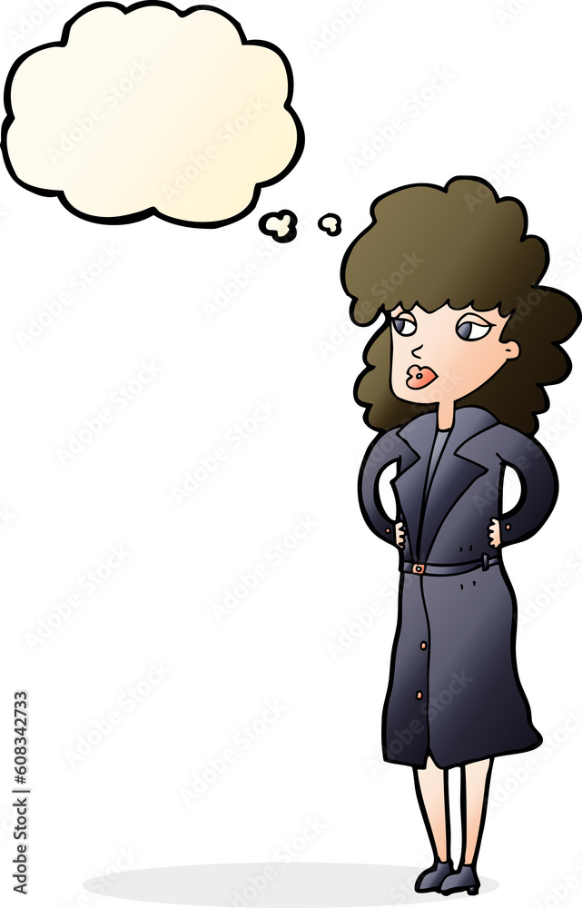 cartoon woman in trench coat with thought bubble cartoon woman in trench coat with thought bubble