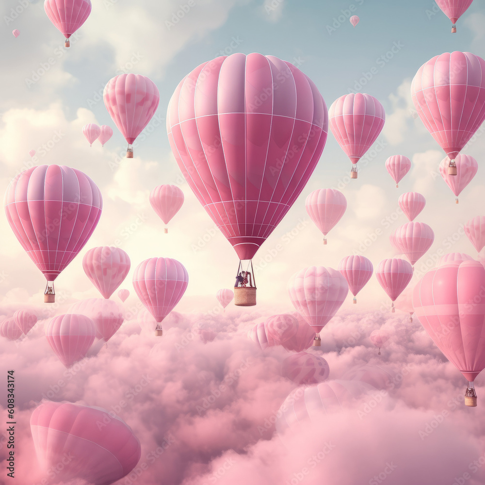 Fantastical pink pastel hot air balloons floating in the sky cloud Fantastical pink pastel hot air balloons floating in the sky cloud