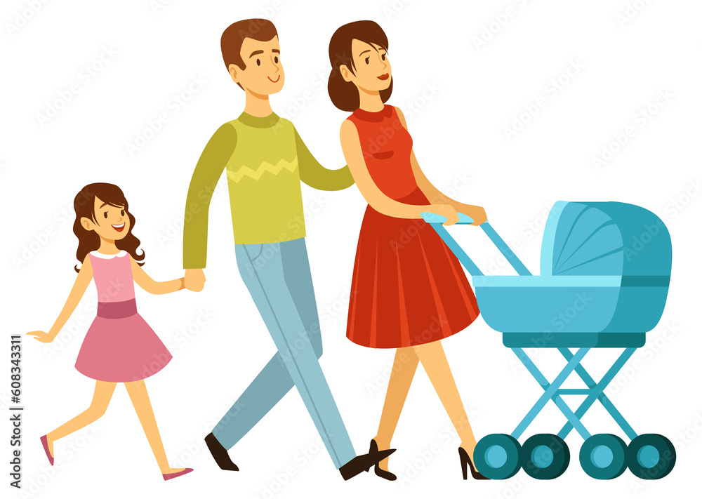 Happy parents walking with little girl and baby carriage Happy parents walking with little girl and baby carriage